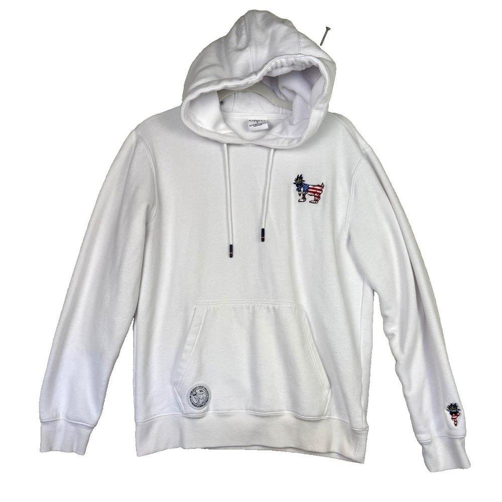 GOAT USA Hoodie Mens Small White American Flag Goat Logo Fleece Pullover